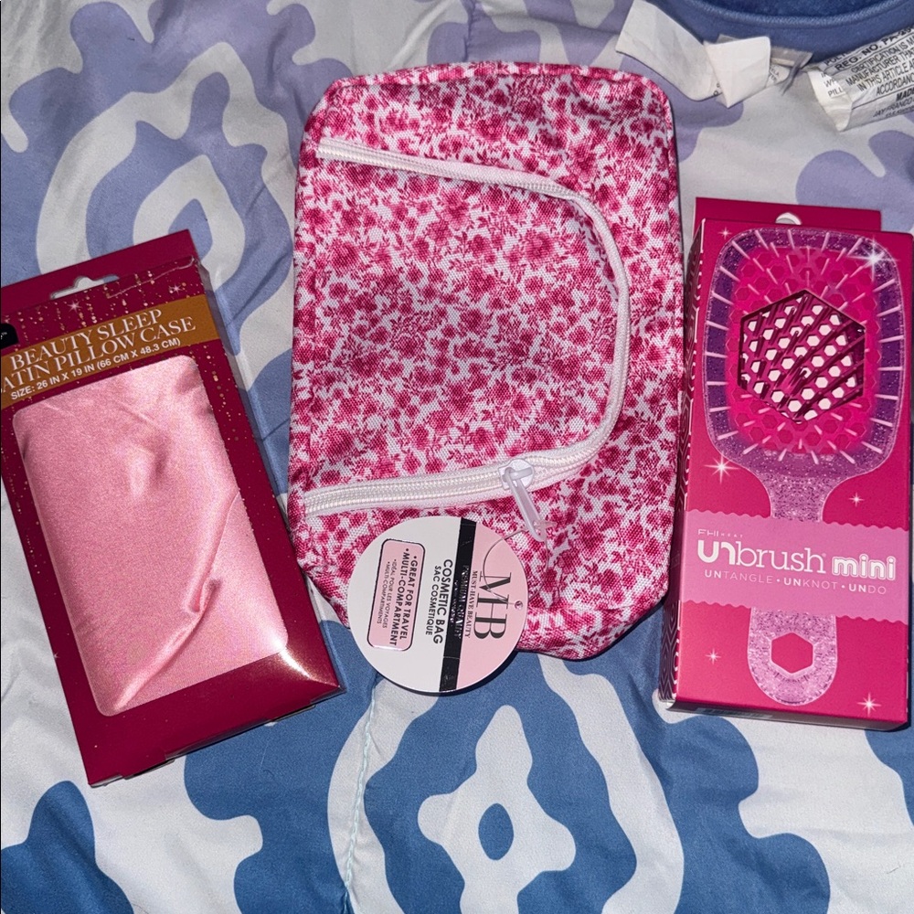 Unbrush with Pink Floral Cosmetic Bag  and Satin Pillowcase set